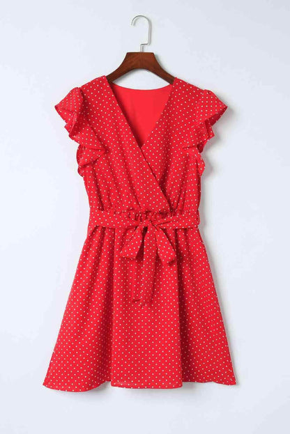 Polka Dot Surplice Neck Tie Waist Dress for Women - Selvanelle