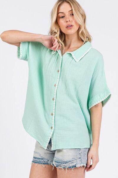 SAGE+FIG Boho Contrast Zigzag Trim Button-Up Shirt - Selvanelle