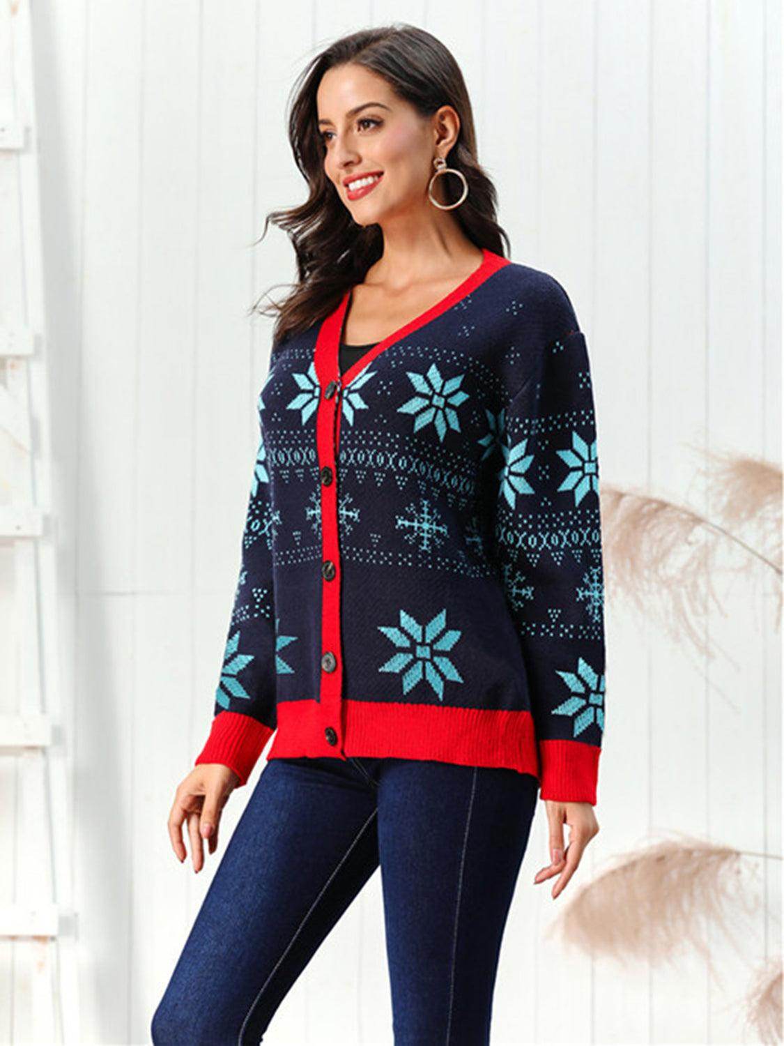 Snowflake Pattern Button Down Cardigan for Winter Style - Selvanelle