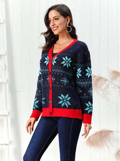 Snowflake Pattern Button Down Cardigan for Winter Style - Selvanelle