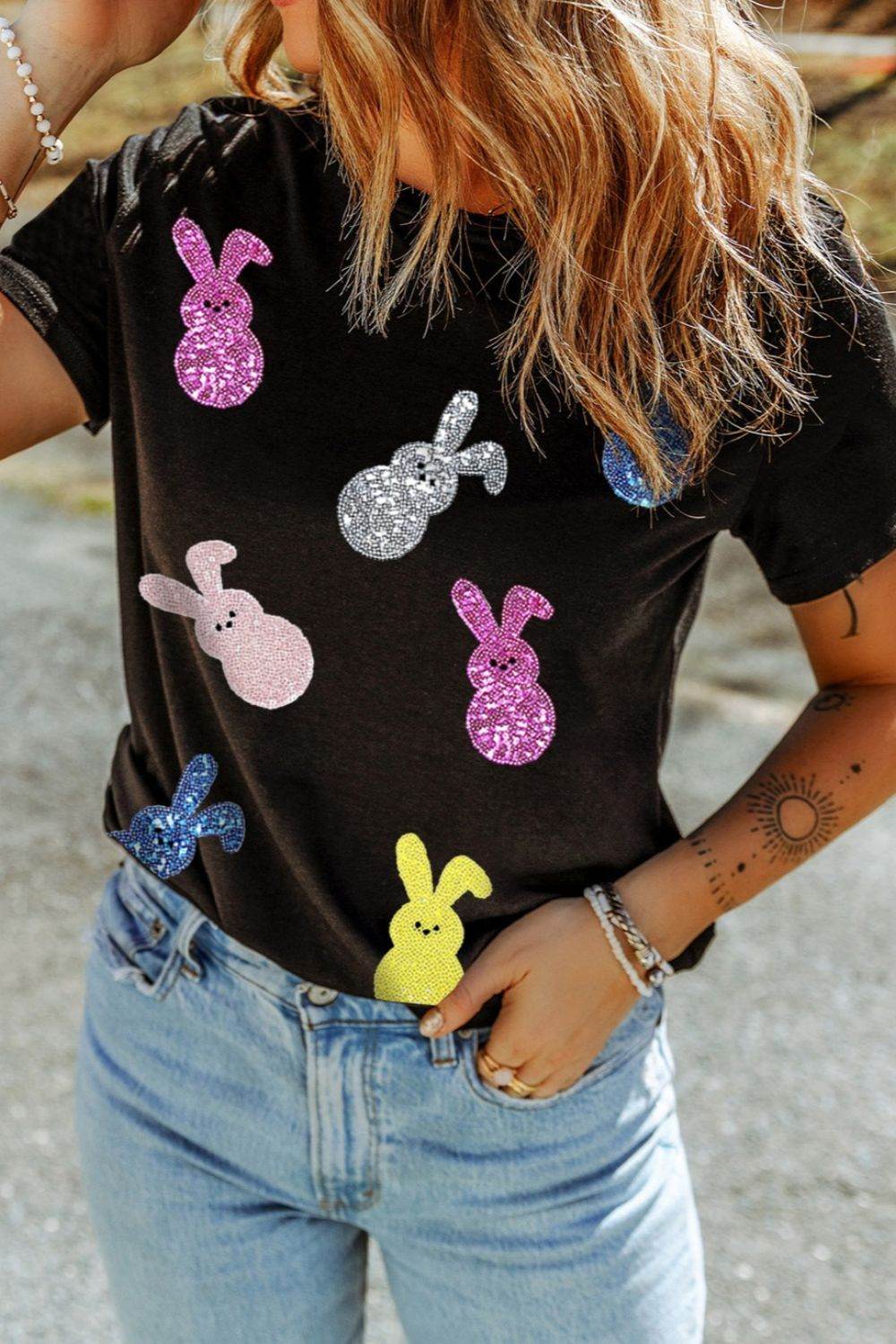 Sequin Bunny Doll Short Sleeve T-Shirt - Selvanelle