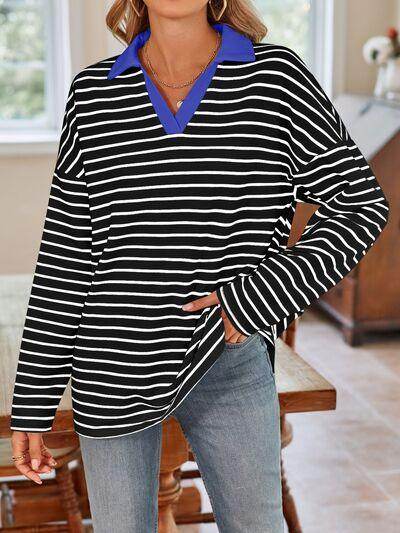 Lovelet Striped Johnny Collar Long Sleeve T-Shirt for Women - Selvanelle