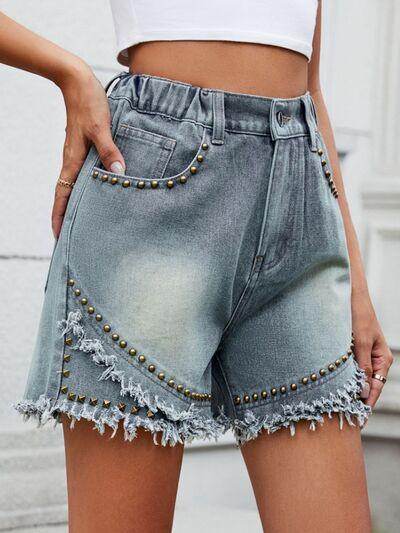 Raw Hem Studded Denim Shorts for Trendy Summer Style - Selvanelle
