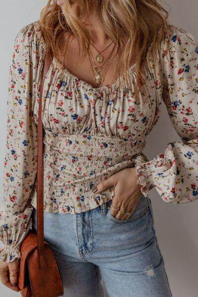 Ruched Printed Scoop Neck Long Sleeve Blouse for Women - Selvanelle