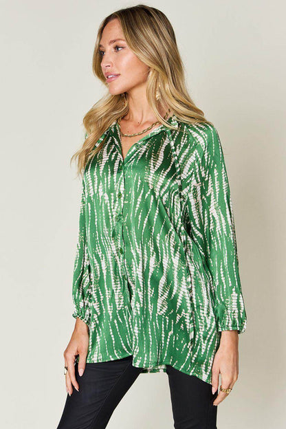 Double Take Full Size Printed Button Up Long Sleeve Shirt - Selvanelle