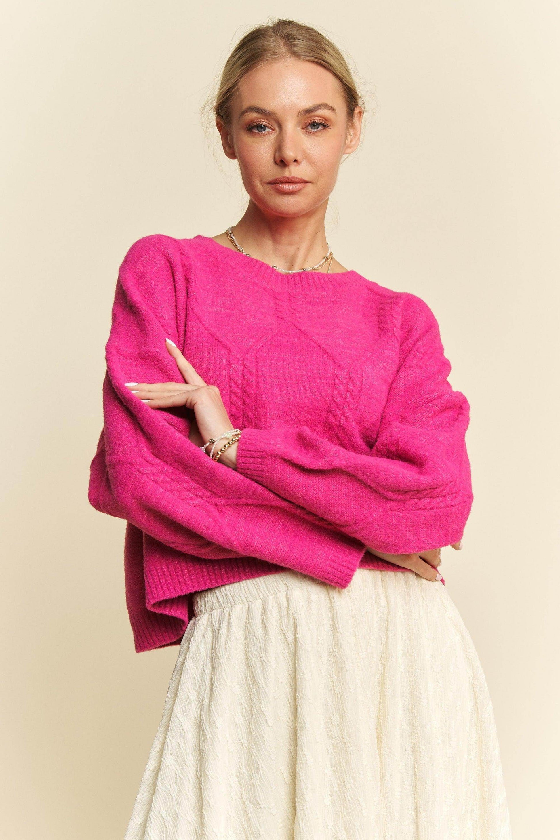 Davi & Dani Diamond Cable Pattern Drop Shoulder Sweater - Selvanelle