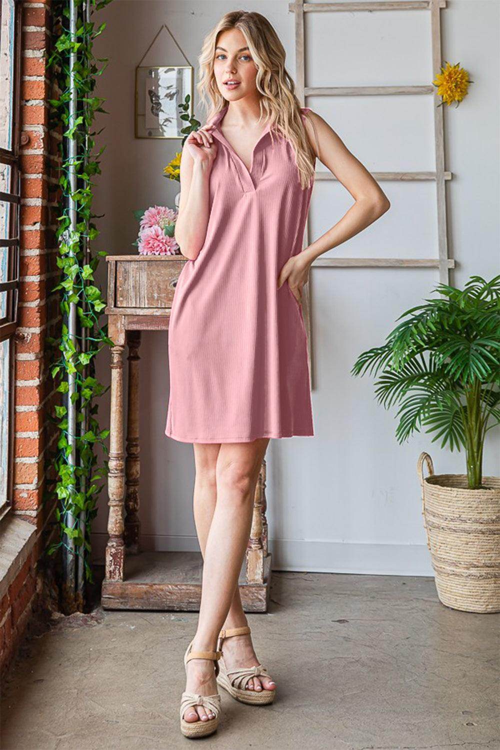 Heimish Full Size Ribbed Johnny Collar Sleeveless Dress - Selvanelle