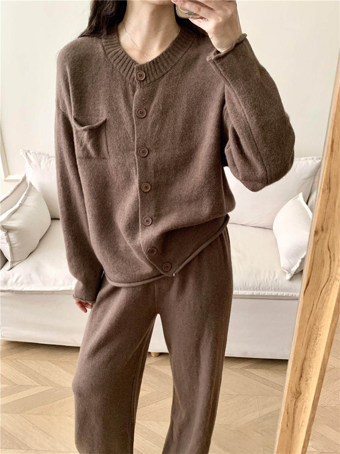 Pocketed Round Neck Button Up Cardigan and Pants Sweater Set - Selvanelle