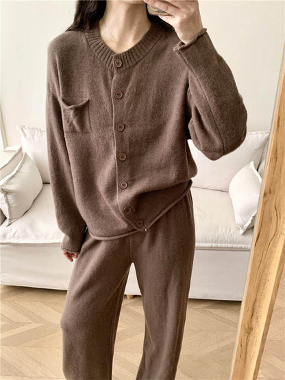 Pocketed Round Neck Button Up Cardigan and Pants Sweater Set - Selvanelle