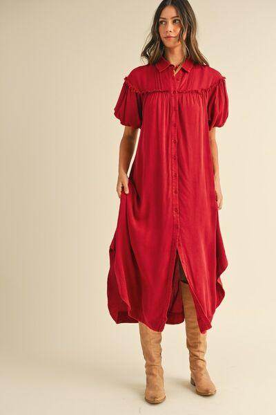 Annie Wear Mineral Washed Button Down Puff Sleeve Shirt Dress - Selvanelle