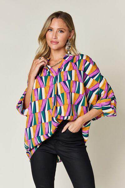 Double Take Full Size Geometric Notched Dolman Sleeve Top - Selvanelle
