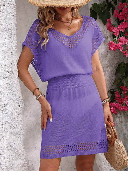 Openwork V-Neck Short Sleeve Cover-Up Dress - Selvanelle