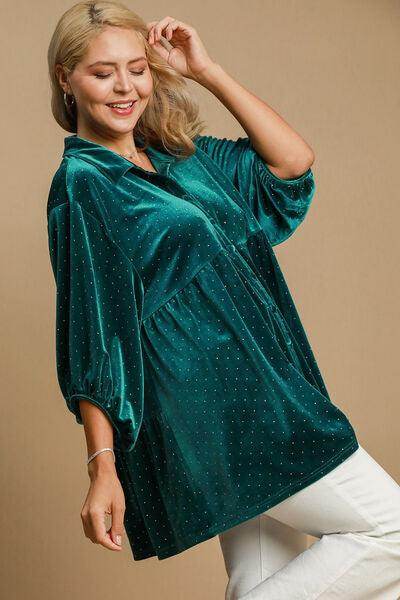 Umgee Full Size Polka Dot Collared Neck Button Up Shirt - Selvanelle