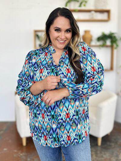 Double Take Full Size Printed Balloon Sleeve Blouse for Women - Selvanelle