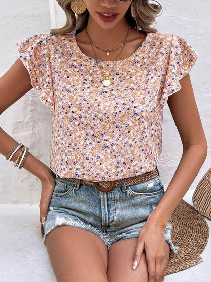 Ditsy Floral Round Neck Cap Sleeve Top for Women - Selvanelle