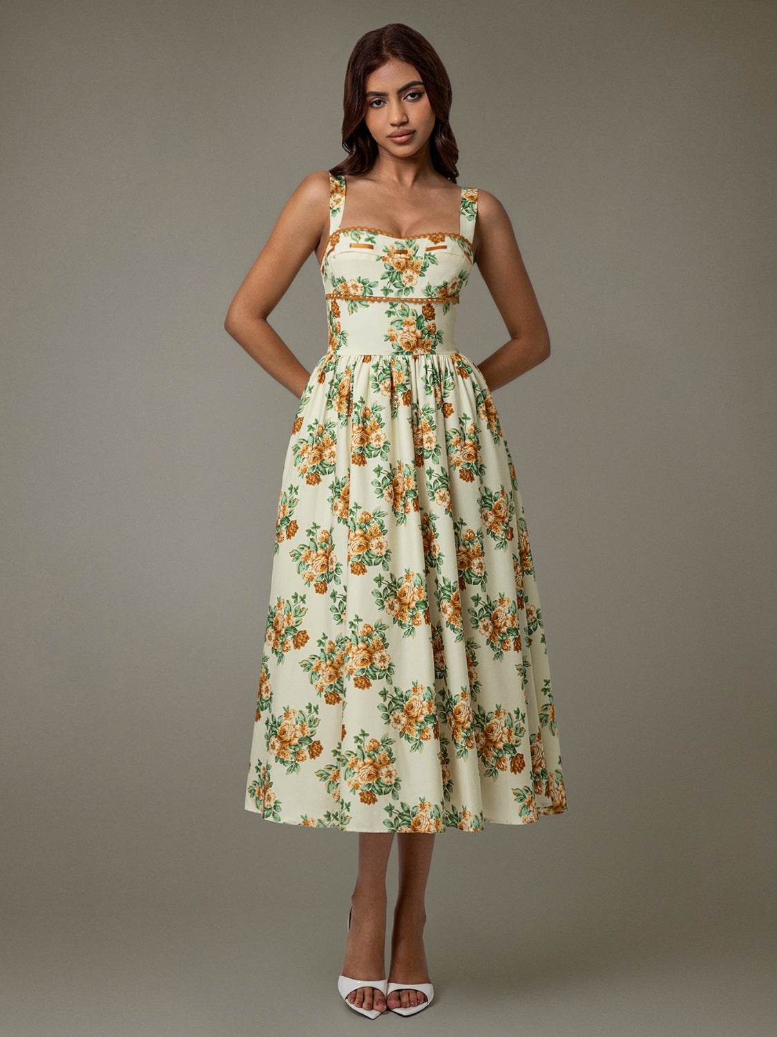 Lace Trim Floral Sleeveless Midi Dress - Selvanelle