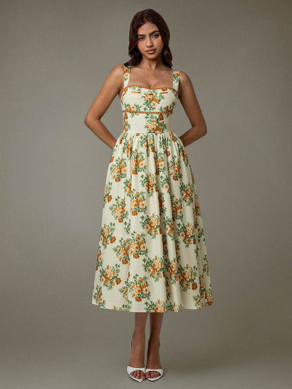 Lace Trim Floral Sleeveless Midi Dress - Selvanelle