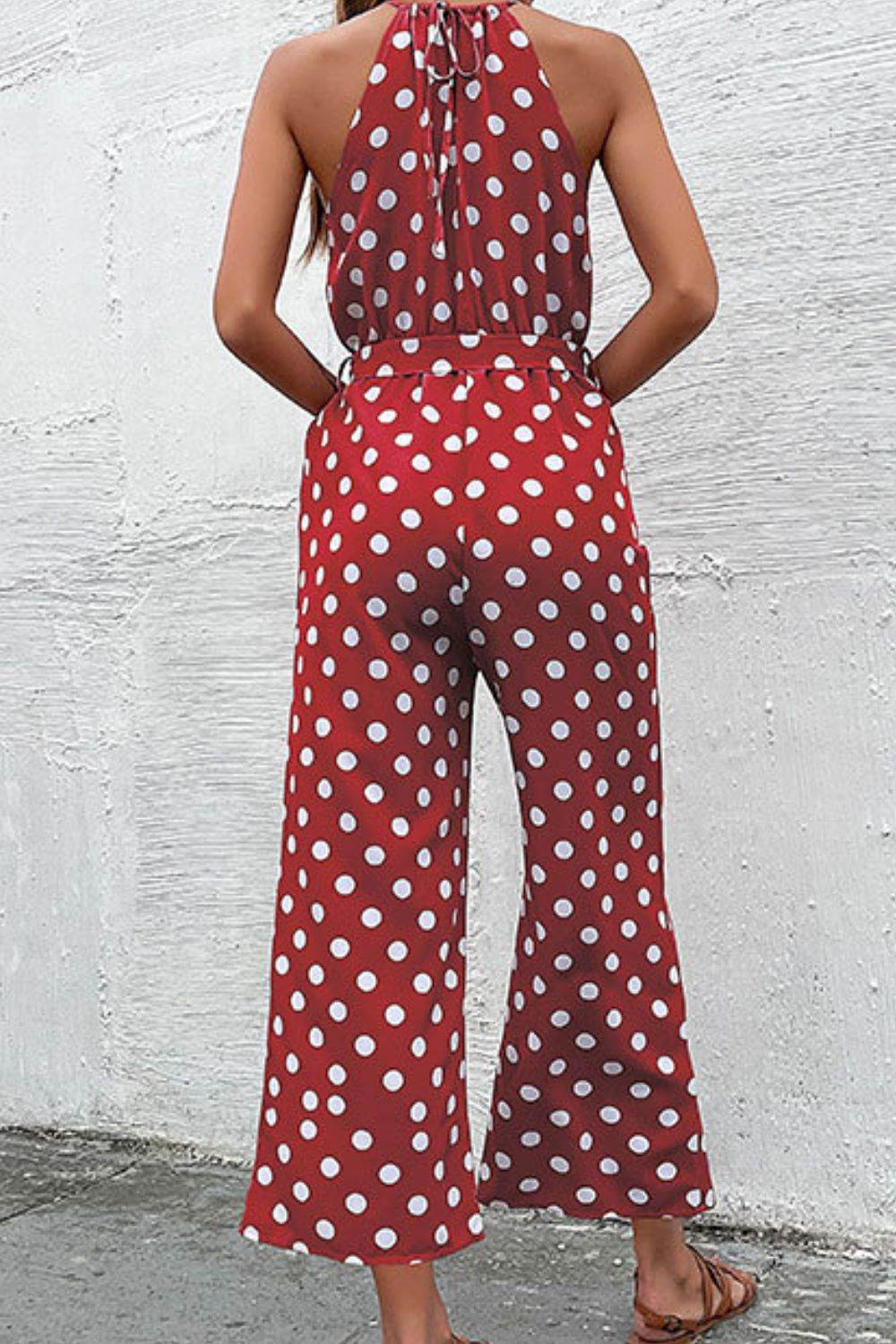 Perfee Polka Dot Grecian Wide Leg Jumpsuit - Selvanelle