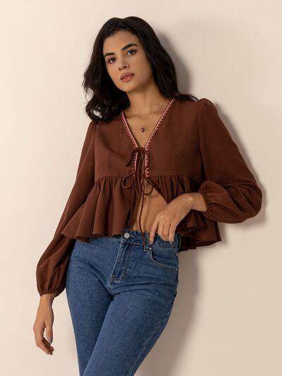 Peplum Tied V-Neck Long Sleeve Blouse for Women - Selvanelle