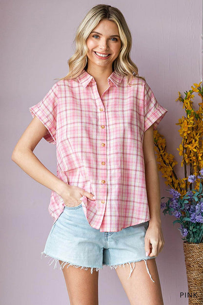 Cotton Bleu by Nu Lab Plaid Collared Neck Short Sleeve Shirt - Selvanelle