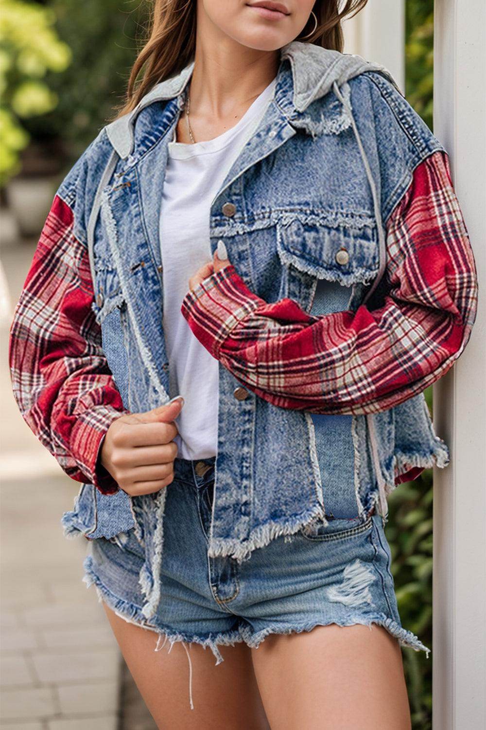 Raw Hem Drawstring Plaid Denim Jacket for Women - Selvanelle