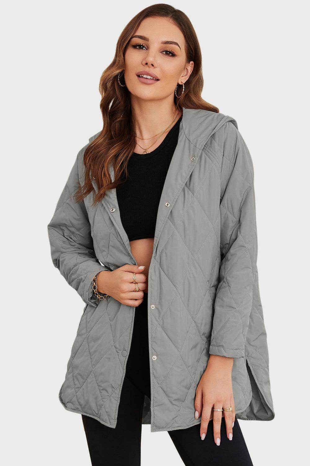 Snap Down Hooded Slit Winter Coat for Stylish Warmth - Selvanelle