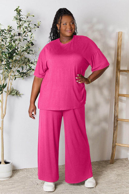Double Take Full Size Round Neck Slit Top and Pants Set - Selvanelle