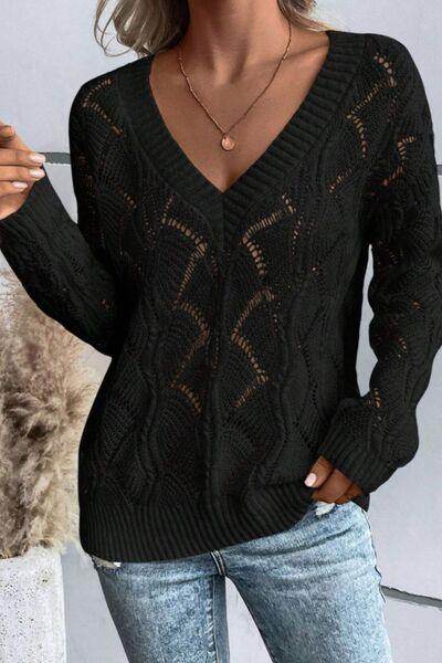 Openwork V-Neck Long Sleeve Sweater for Women Fashion - Selvanelle