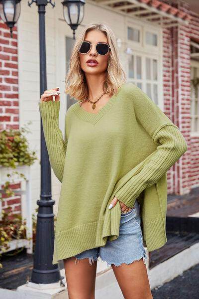 Slit V-Neck Dropped Shoulder Sweater for Effortless Style - Selvanelle