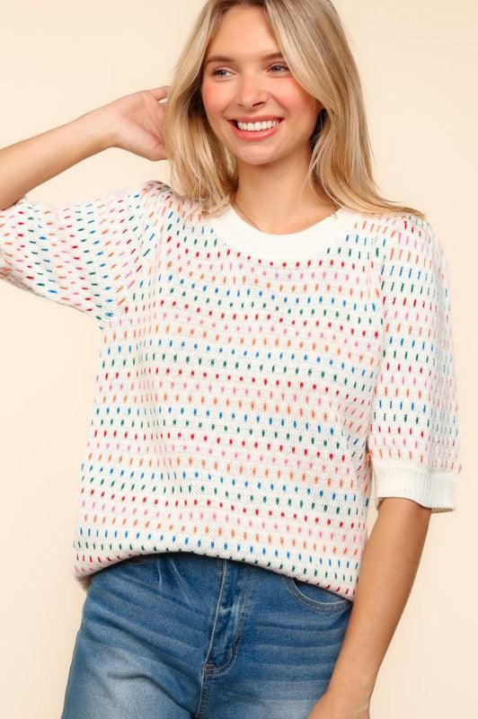 Haptics Round Neck Half Sleeve Multi Color Knit Top for Women