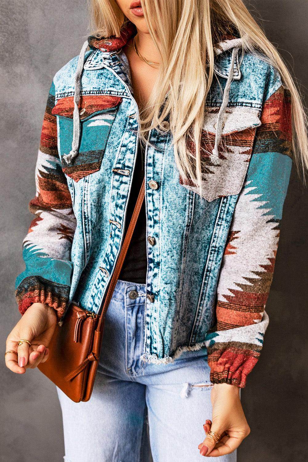 Drawstring Hooded Pocketed Denim Jacket for Women - Selvanelle