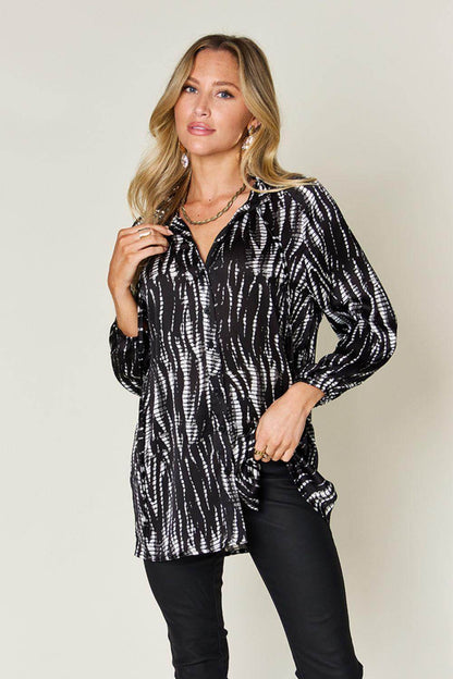 Double Take Full Size Printed Button Up Long Sleeve Shirt - Selvanelle