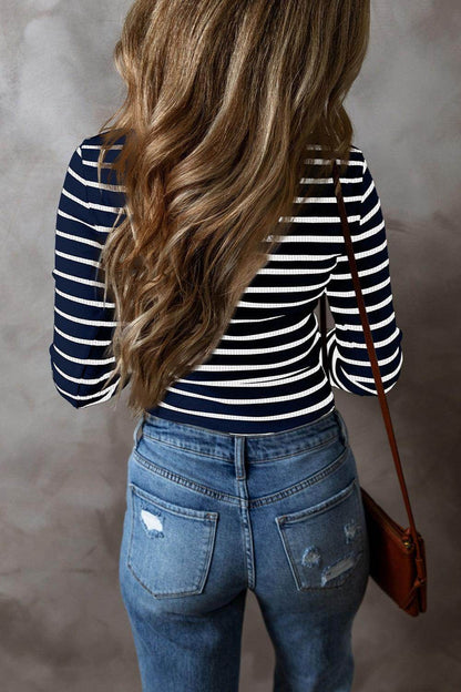 Striped V-Neck Long Sleeve Top for Women Casual Wear - Selvanelle