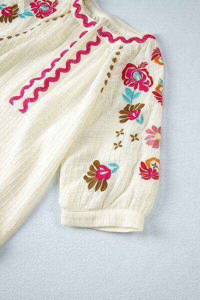 Floral Embroidered Notched Puff Sleeve Blouse for Women - Selvanelle