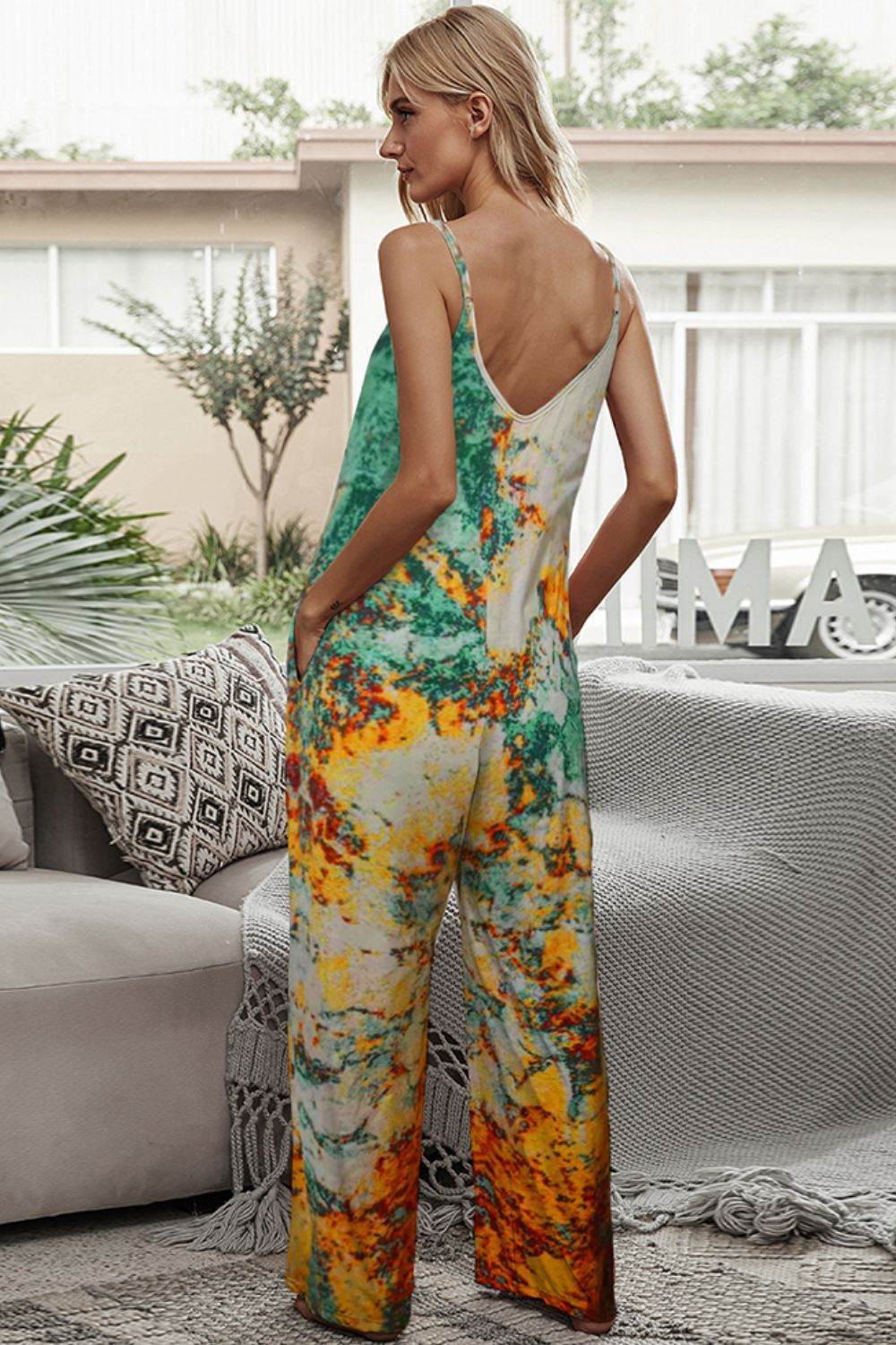 Shiny Tie-Dye Spaghetti Strap Jumpsuit with Pockets - Selvanelle