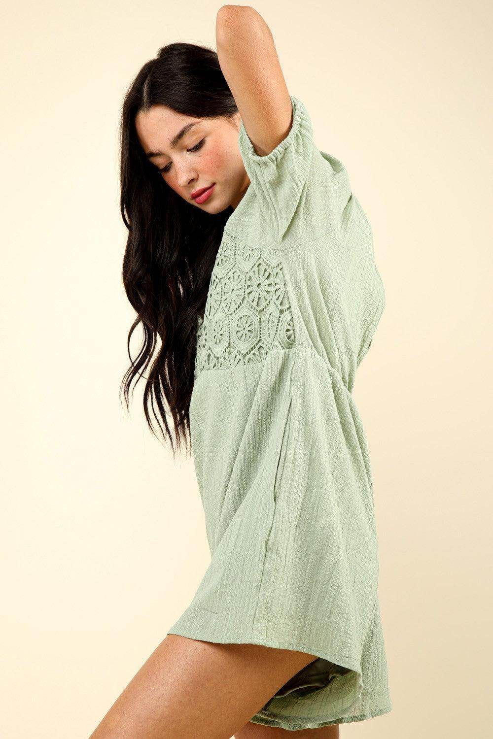 Very J Lace Detail Puff Sleeve Romper with Pockets - Selvanelle