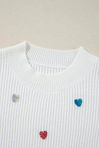Heart Sequin Round Neck Long Sleeve Sweater for Women - Selvanelle