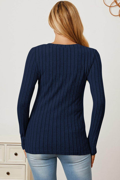Basic Bae Full Size Ribbed V-Neck Long Sleeve T-Shirt - Selvanelle