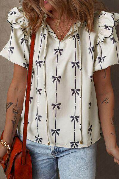Bow Print Tie Neck Short Sleeve Blouse for Women - Selvanelle
