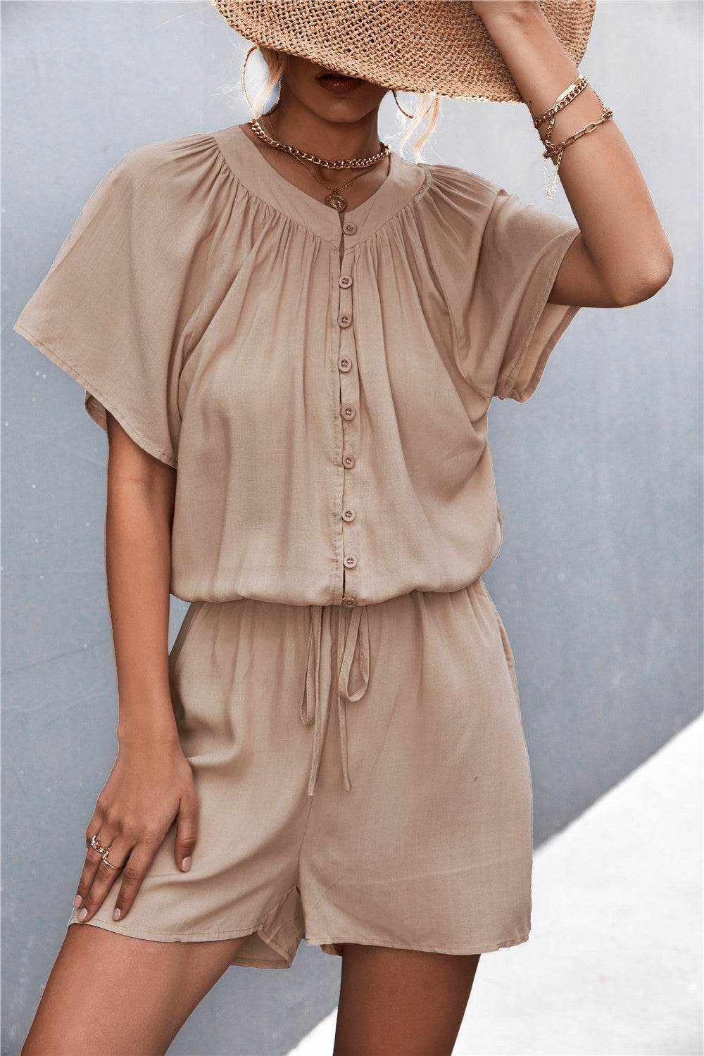 Buttoned Gather Detail Romper - Selvanelle