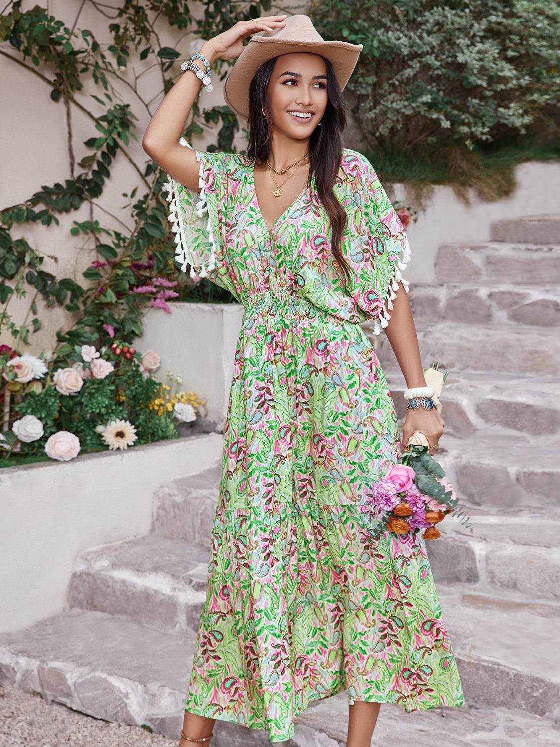 Smocked Floral V-Neck Short Sleeve Dress - Selvanelle