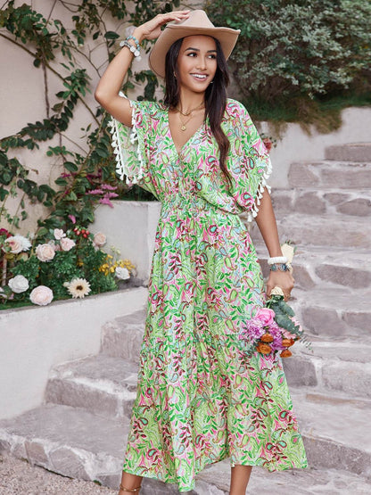 Smocked Floral V-Neck Short Sleeve Dress - Selvanelle