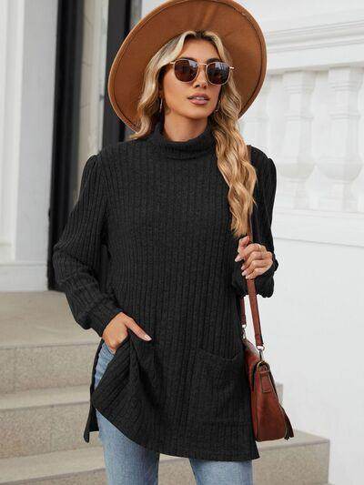 Slit Mock Neck Long Sleeve T-Shirt for Women with Pocket - Selvanelle