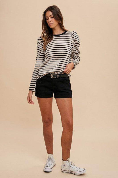 Annie Wear Striped Round Neck Puff Sleeve Top for Women - Selvanelle