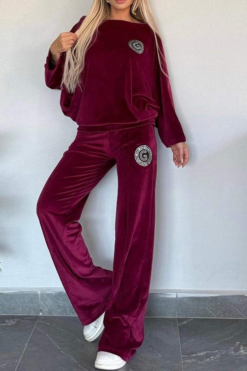 Full Size Boat Neck Long Sleeve Top and Pants Set Outfit