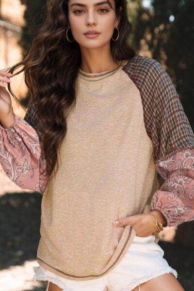 Plaid Floral Patchwork Round Neck Long Sleeve Top for Women - Selvanelle