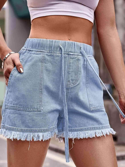 Drawstring Raw Hem Denim Shorts for Casual Chic Style - Selvanelle