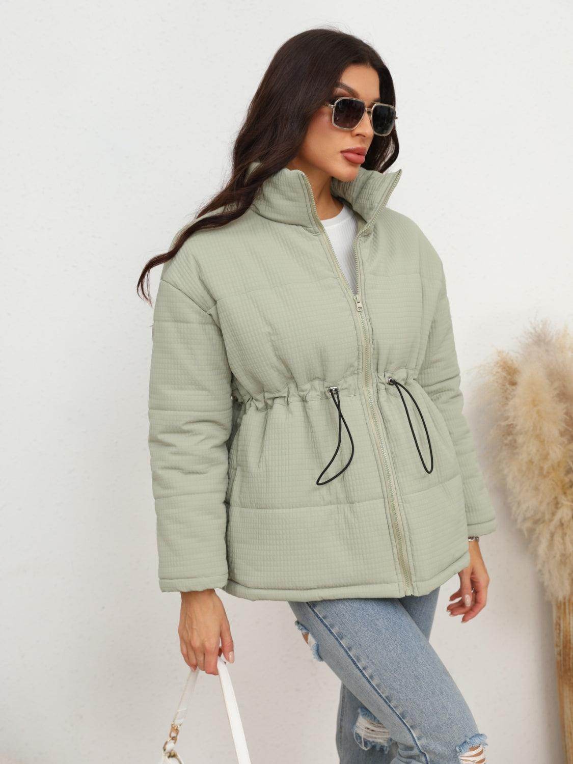 Drawstring Waist Zip-Up Puffer Jacket for Women Stylish Warmth - Selvanelle