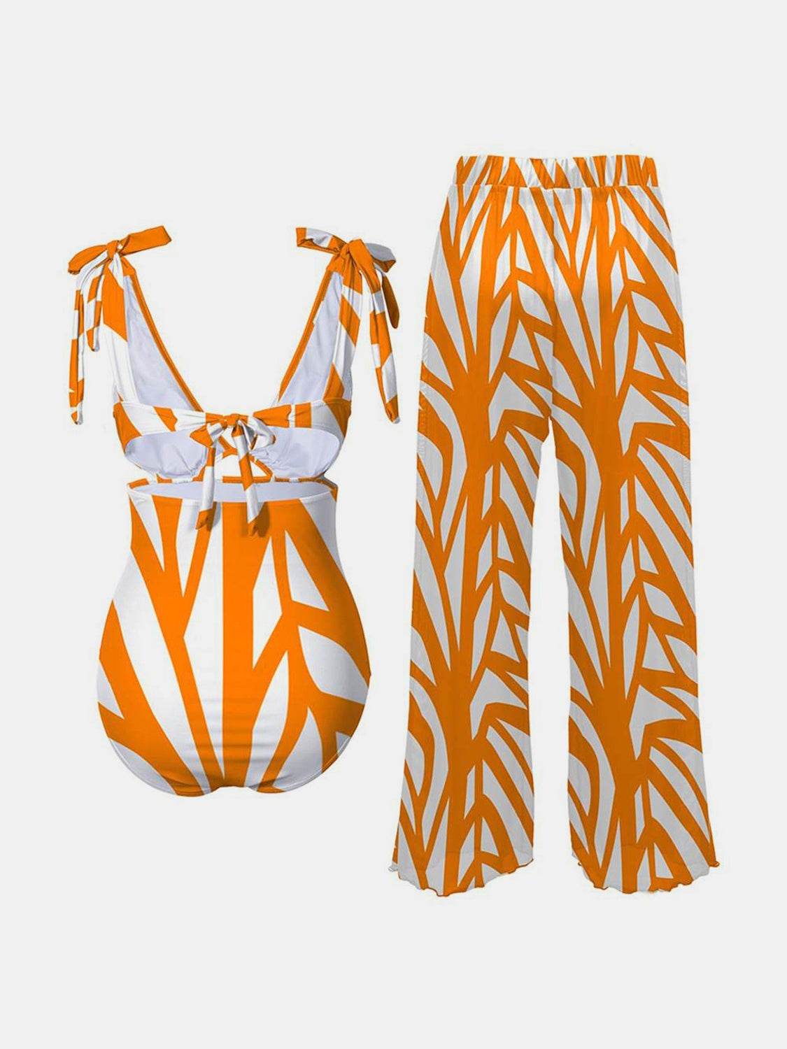 FAM-FAM Printed Tie Shoulder Swimwear and Pants Swim Set - Selvanelle