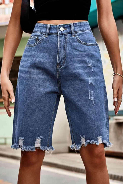 Raw Hem High Waist Denim Shorts with Pockets for Women - Selvanelle